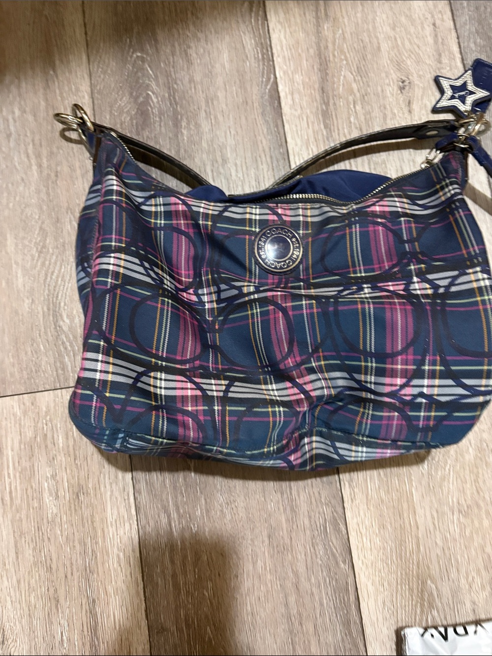 Coach Plaid Shoulder Bag in Navy and Pink